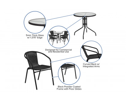 BLNK Lila Round Table with Rattan Edging and 4 Rattan Stack Chairs - Black