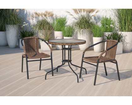 BLNK Lila Round Table with Rattan Edging and 2 Rattan Stack Chairs