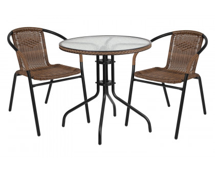 BLNK Lila Round Table with Rattan Edging and 2 Rattan Stack Chairs - Dark Brown