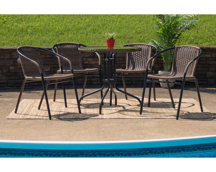 BLNK Lila Round Table with Rattan Edging and 4 Rattan Stack Chairs