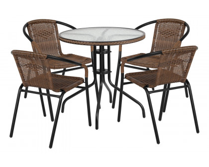 BLNK Lila Round Table with Rattan Edging and 4 Rattan Stack Chairs