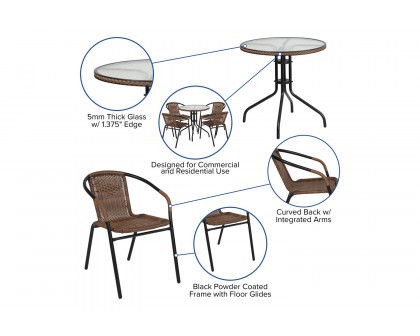 BLNK Lila Round Table with Rattan Edging and 4 Rattan Stack Chairs - Dark Brown