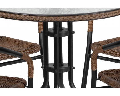 BLNK Lila Round Table with Rattan Edging and 4 Rattan Stack Chairs - Dark Brown