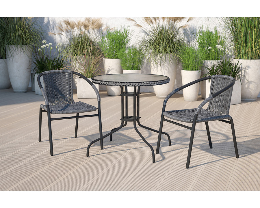 BLNK Lila Round Table with Rattan Edging and 2 Rattan Stack Chairs