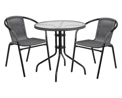 BLNK Lila Round Table with Rattan Edging and 2 Rattan Stack Chairs