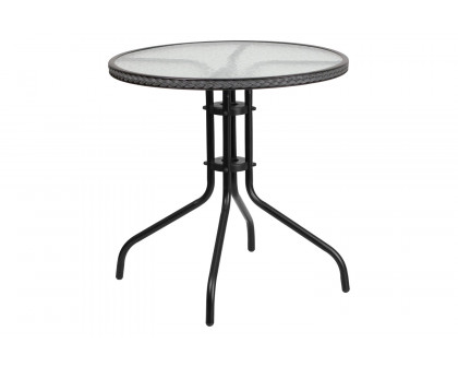 BLNK Lila Round Table with Rattan Edging and 2 Rattan Stack Chairs - Gray