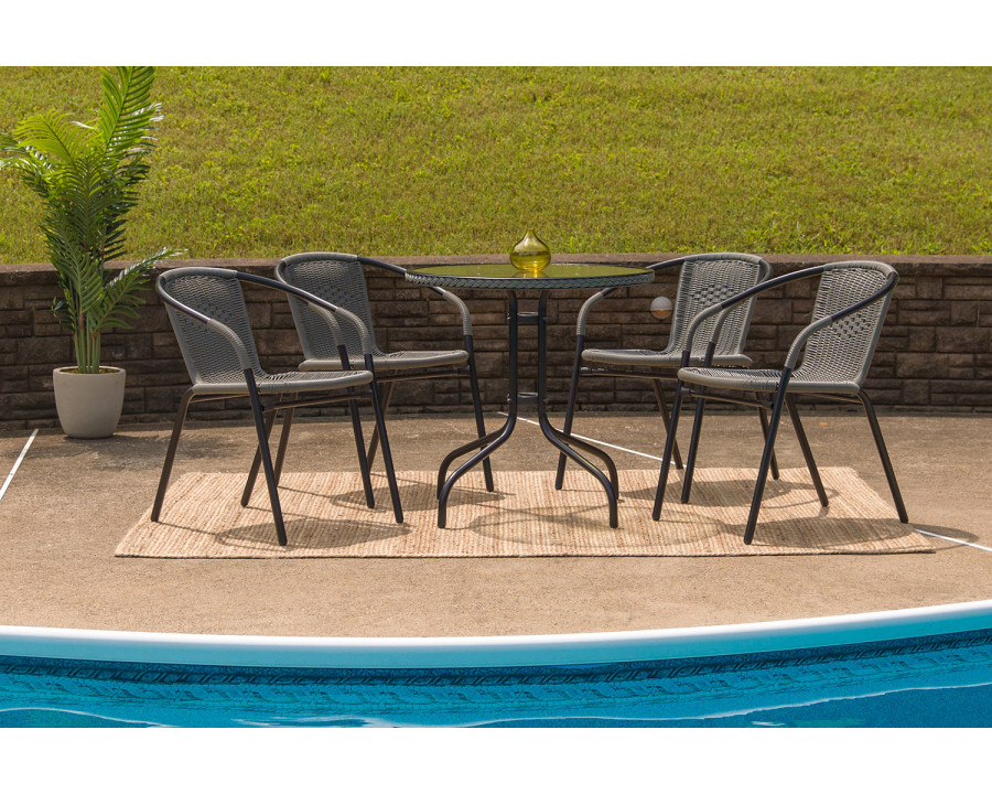 BLNK Lila Round Table with Rattan Edging and 4 Rattan Stack Chairs - Gray