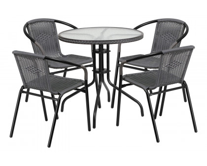 BLNK Lila Round Table with Rattan Edging and 4 Rattan Stack Chairs - Gray