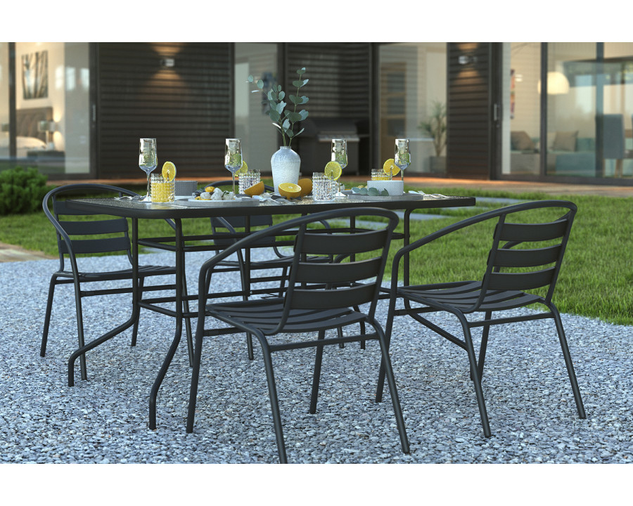 BLNK - Lila Patio Dining Set with Tempered Glass Patio Table with Umbrella Hole and 4 Metal Aluminum Slat Stack Chairs 5 Piece