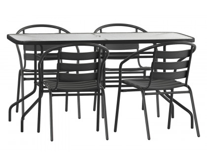 BLNK - Lila Patio Dining Set with Tempered Glass Patio Table with Umbrella Hole and 4 Metal Aluminum Slat Stack Chairs 5 Piece