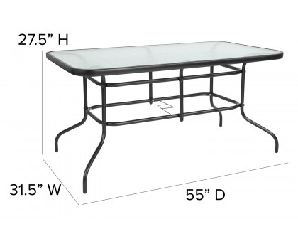 BLNK - Lila Patio Dining Set with Tempered Glass Patio Table with Umbrella Hole and 4 Metal Aluminum Slat Stack Chairs 5 Piece