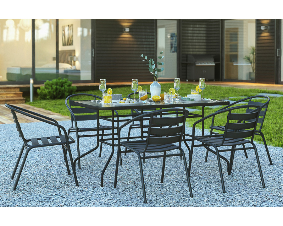 BLNK - Lila Patio Dining Set with Tempered Glass Patio Table with Umbrella Hole and 6 Metal Aluminum Slat Stack Chairs 7 Piece