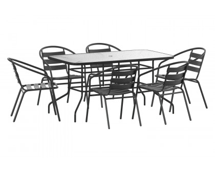 BLNK - Lila Patio Dining Set with Tempered Glass Patio Table with Umbrella Hole and 6 Metal Aluminum Slat Stack Chairs 7 Piece