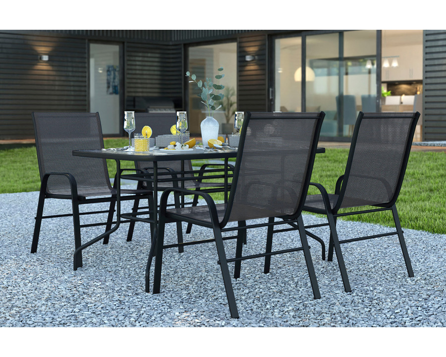 BLNK Brazos Outdoor Patio Dining Set with Tempered Glass Patio Table with Umbrella Hole and 4 Flex Comfort Stack Chairs 5 Piece