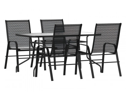 BLNK Brazos Outdoor Patio Dining Set with Tempered Glass Patio Table with Umbrella Hole and 4 Flex Comfort Stack Chairs 5 Piece