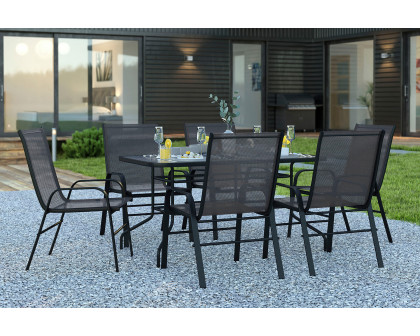 BLNK Brazos Outdoor Patio Dining Set with Tempered Glass Patio Table with Umbrella Hole and 6 Flex Comfort Stack Chairs 7 Piece