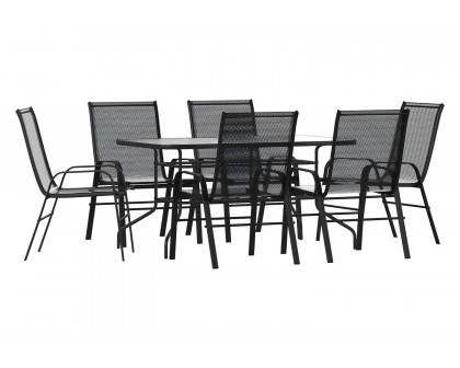 BLNK Brazos Outdoor Patio Dining Set with Tempered Glass Patio Table with Umbrella Hole and 6 Flex Comfort Stack Chairs 7 Piece - Black