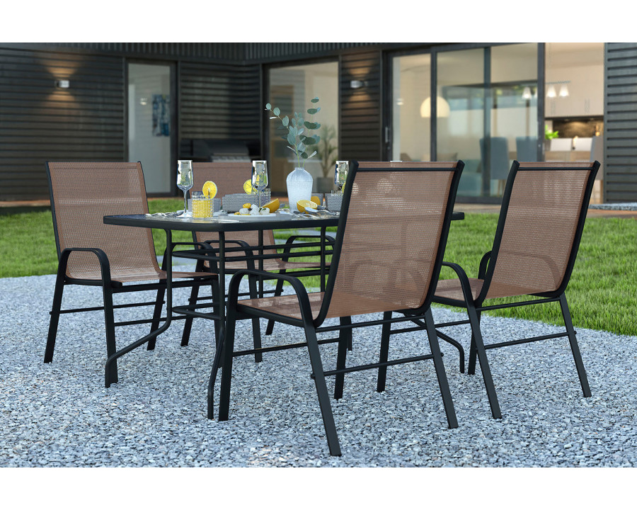 BLNK Brazos Outdoor Patio Dining Set with Tempered Glass Patio Table with Umbrella Hole and 4 Flex Comfort Stack Chairs 5 Piece - Brown