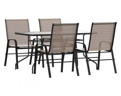 BLNK Brazos Outdoor Patio Dining Set with Tempered Glass Patio Table with Umbrella Hole and 4 Flex Comfort Stack Chairs 5 Piece - Brown