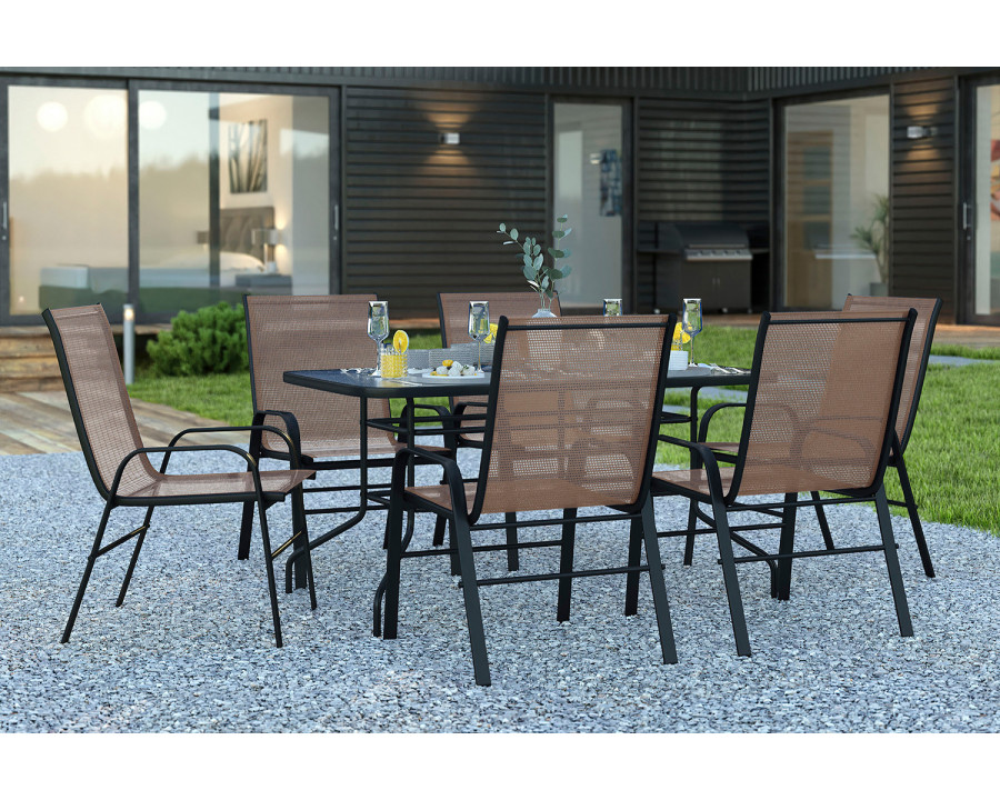 BLNK Brazos Outdoor Patio Dining Set with Tempered Glass Patio Table with Umbrella Hole and 6 Flex Comfort Stack Chairs 7 Piece