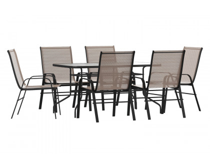 BLNK Brazos Outdoor Patio Dining Set with Tempered Glass Patio Table with Umbrella Hole and 6 Flex Comfort Stack Chairs 7 Piece