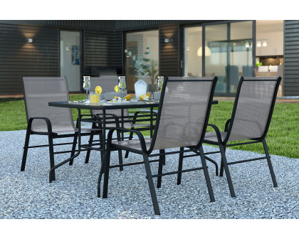 BLNK Brazos Outdoor Patio Dining Set with Tempered Glass Patio Table with Umbrella Hole and 4 Flex Comfort Stack Chairs 5 Piece