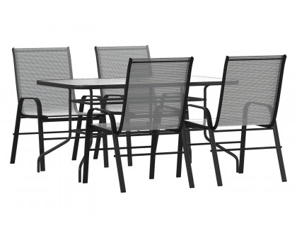 BLNK Brazos Outdoor Patio Dining Set with Tempered Glass Patio Table with Umbrella Hole and 4 Flex Comfort Stack Chairs 5 Piece - Gray