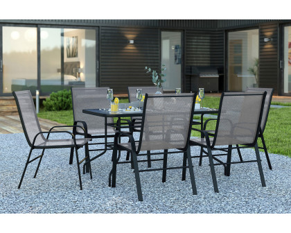 BLNK Brazos Outdoor Patio Dining Set with Tempered Glass Patio Table with Umbrella Hole and 6 Flex Comfort Stack Chairs 7 Piece