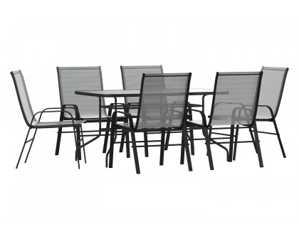 BLNK Brazos Outdoor Patio Dining Set with Tempered Glass Patio Table with Umbrella Hole and 6 Flex Comfort Stack Chairs 7 Piece - Gray