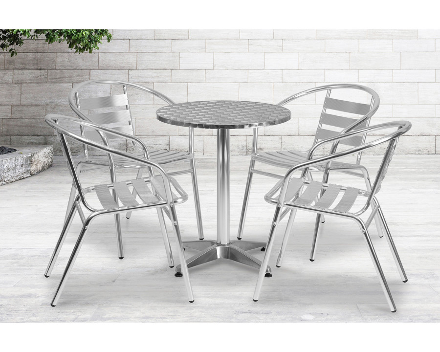 BLNK Lila Round Aluminum Indoor-Outdoor Table Set with 4 Slat Back Chairs