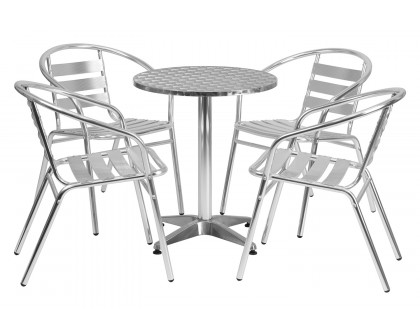 BLNK Lila Round Aluminum Indoor-Outdoor Table Set with 4 Slat Back Chairs