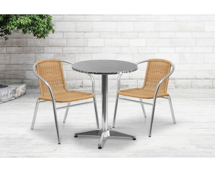 BLNK Lila Round Aluminum Indoor-Outdoor Table Set with 2 Rattan Chairs