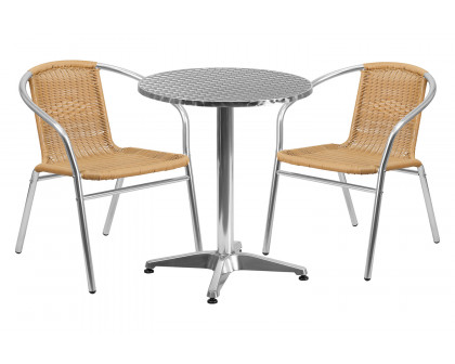 BLNK Lila Round Aluminum Indoor-Outdoor Table Set with 2 Rattan Chairs - Beige, 23.5"D