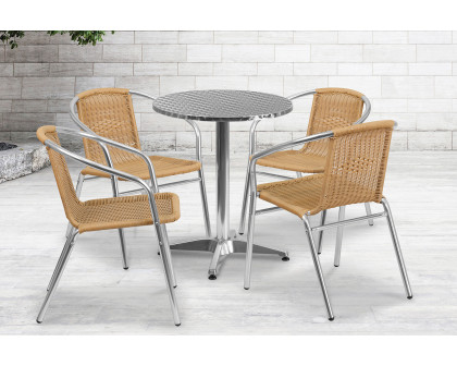 BLNK Lila Round Aluminum Indoor-Outdoor Table Set with 4 Rattan Chairs