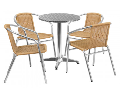 BLNK Lila Round Aluminum Indoor-Outdoor Table Set with 4 Rattan Chairs - Beige, 23.5"D