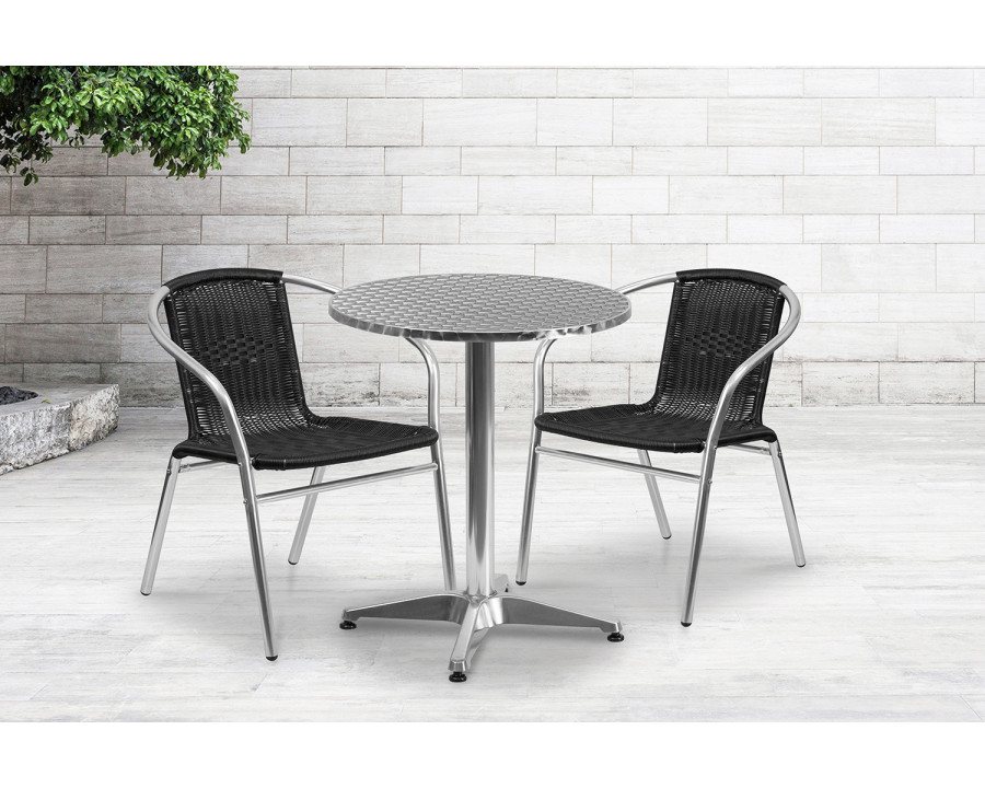 BLNK Lila Round Aluminum Indoor-Outdoor Table Set with 2 Rattan Chairs - Black, 23.5"D