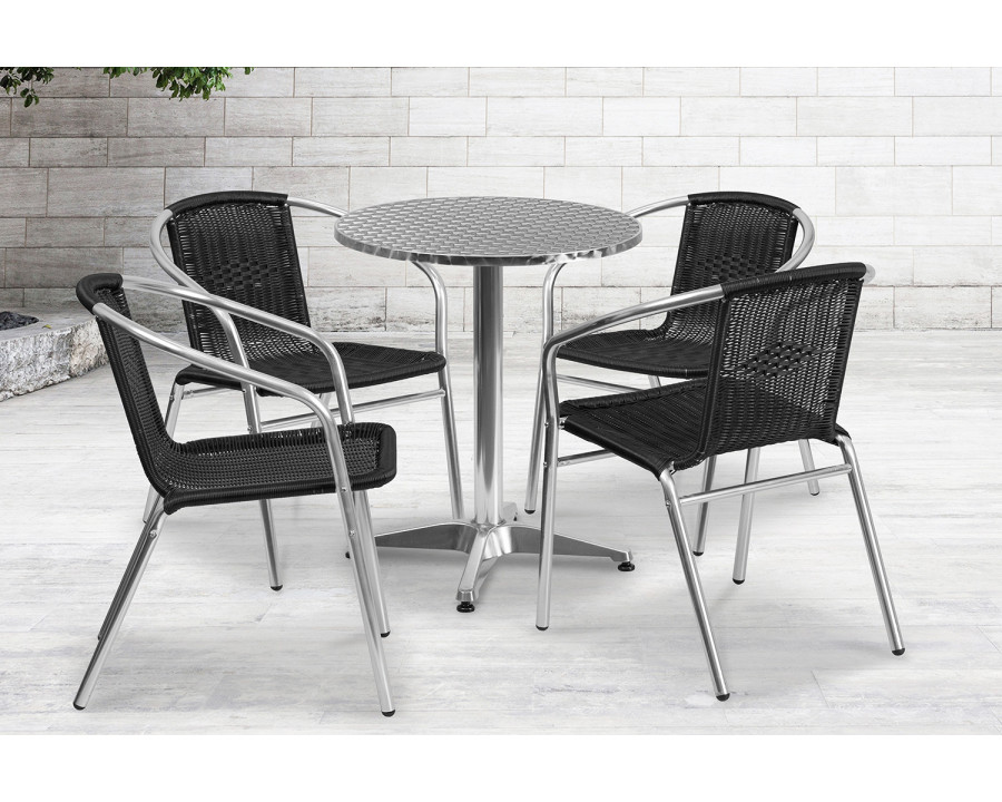 BLNK Lila Round Aluminum Indoor-Outdoor Table Set with 4 Rattan Chairs - Black, 23.5"D