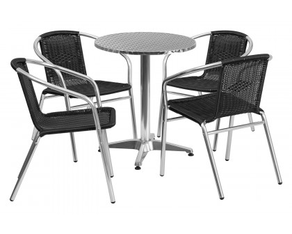 BLNK Lila Round Aluminum Indoor-Outdoor Table Set with 4 Rattan Chairs - Black, 23.5"D