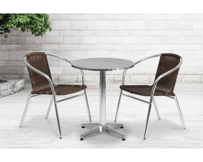 BLNK Lila Round Aluminum Indoor-Outdoor Table Set with 2 Rattan Chairs