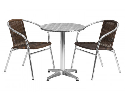 BLNK Lila Round Aluminum Indoor-Outdoor Table Set with 2 Rattan Chairs - Dark Brown, 23.5"D