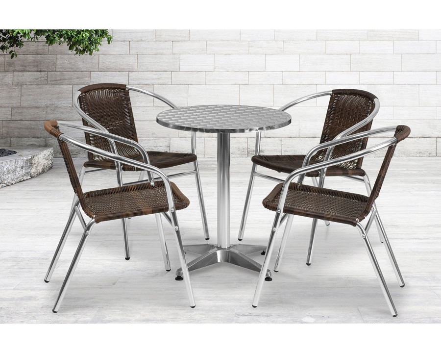 BLNK Lila Round Aluminum Indoor-Outdoor Table Set with 4 Rattan Chairs - Dark Brown, 23.5"D