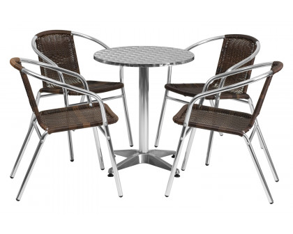 BLNK Lila Round Aluminum Indoor-Outdoor Table Set with 4 Rattan Chairs - Dark Brown, 23.5"D