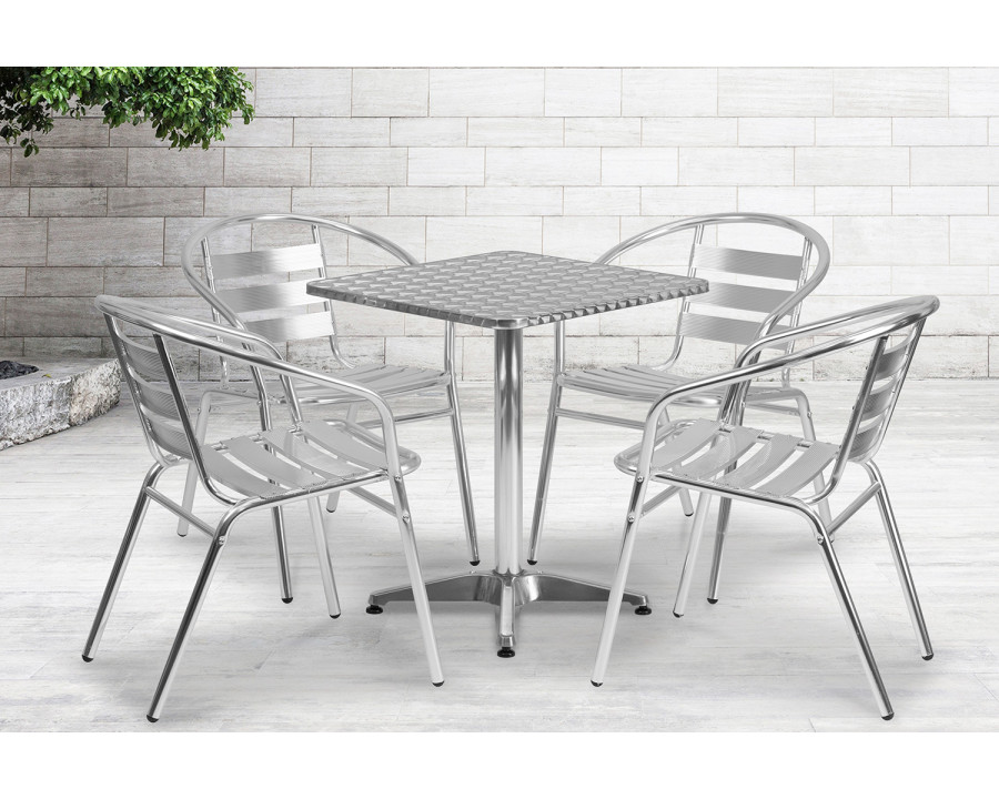 BLNK Lila Square Aluminum Indoor-Outdoor Table Set with 4 Slat Back Chairs