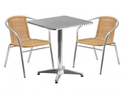 BLNK Lila Square Aluminum Indoor-Outdoor Table Set with 2 Rattan Chairs - Beige, 23.5"W