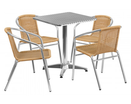 BLNK Lila Square Aluminum Indoor-Outdoor Table Set with 4 Rattan Chairs - Beige, 23.5"W