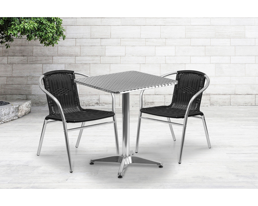 BLNK Lila Square Aluminum Indoor-Outdoor Table Set with 2 Rattan Chairs - Black, 23.5"W