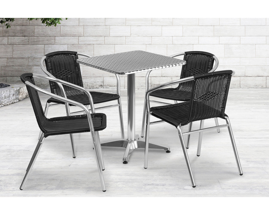 BLNK Lila Square Aluminum Indoor-Outdoor Table Set with 4 Rattan Chairs - Black, 23.5"W