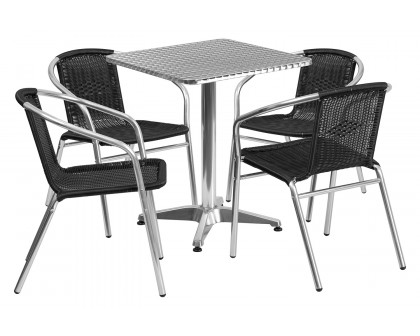 BLNK Lila Square Aluminum Indoor-Outdoor Table Set with 4 Rattan Chairs - Black, 23.5"W