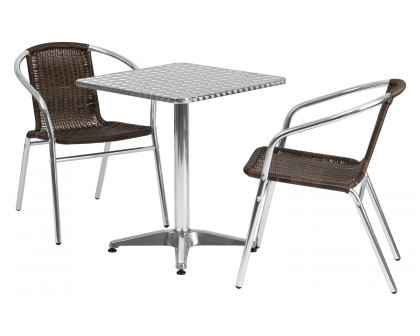 BLNK Lila Square Aluminum Indoor-Outdoor Table Set with 2 Rattan Chairs - Dark Brown, 23.5"W