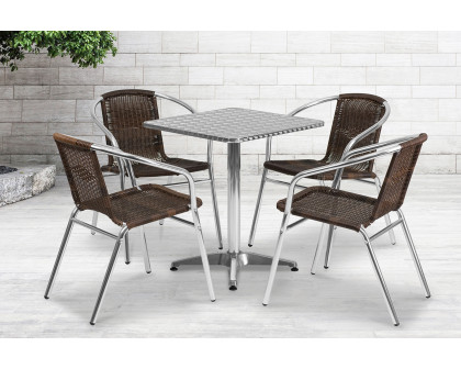 BLNK Lila Square Aluminum Indoor-Outdoor Table Set with 4 Rattan Chairs